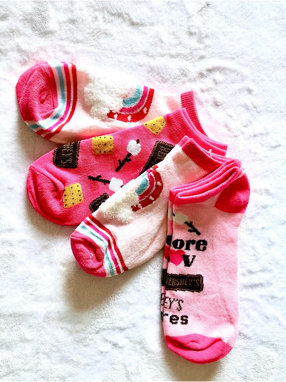 Girls' Pink Fun Pattern Ankle Socks - 3 Pair Set